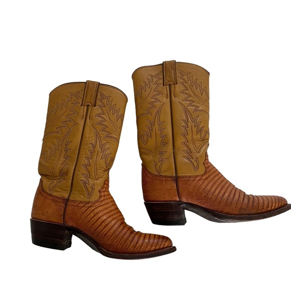 Justin Vintage women’s Tan-Brown Leather Lizard Print Embroidered Cowboy Boots - Picture 15 of 15